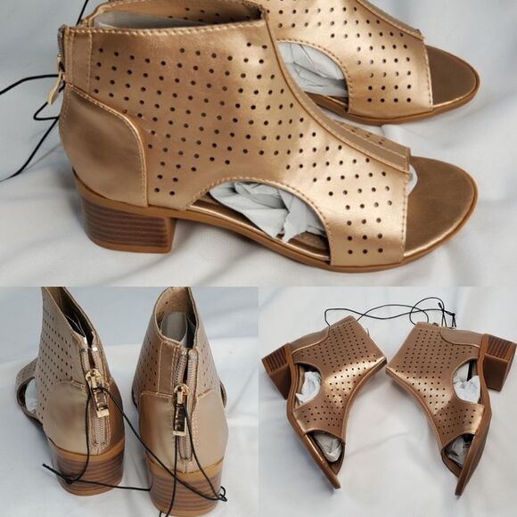 NEW 1 NICOLE MILLER GOLD TAN PEEP TOE ZIP BACK STACKED BLOCK HEEL BOOTIES NWT